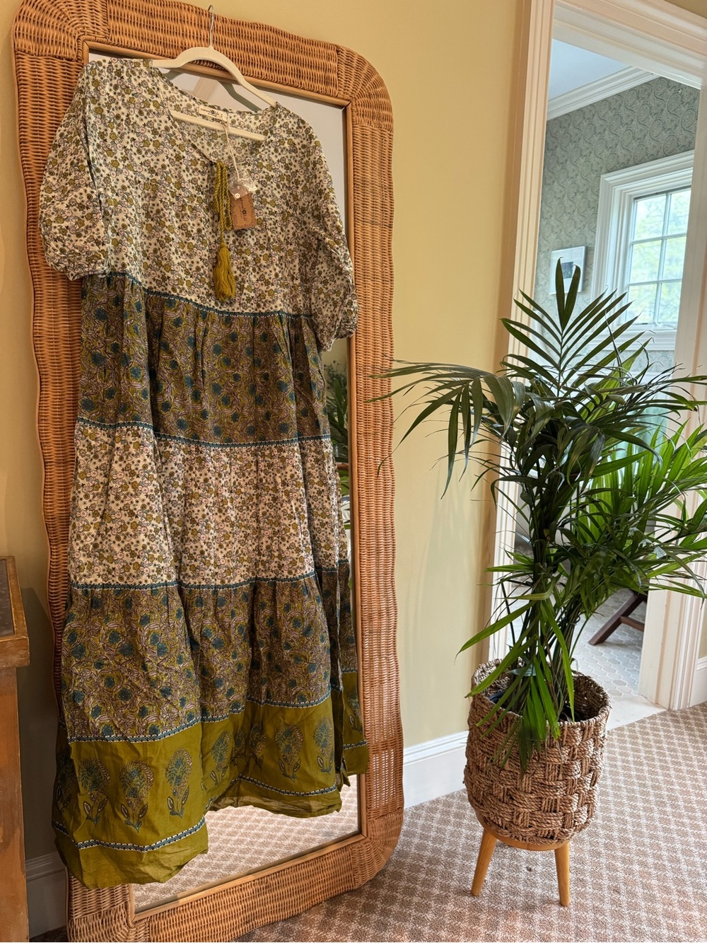 NATURAL LIFE Olive Green and Cream Floral Peasant dress